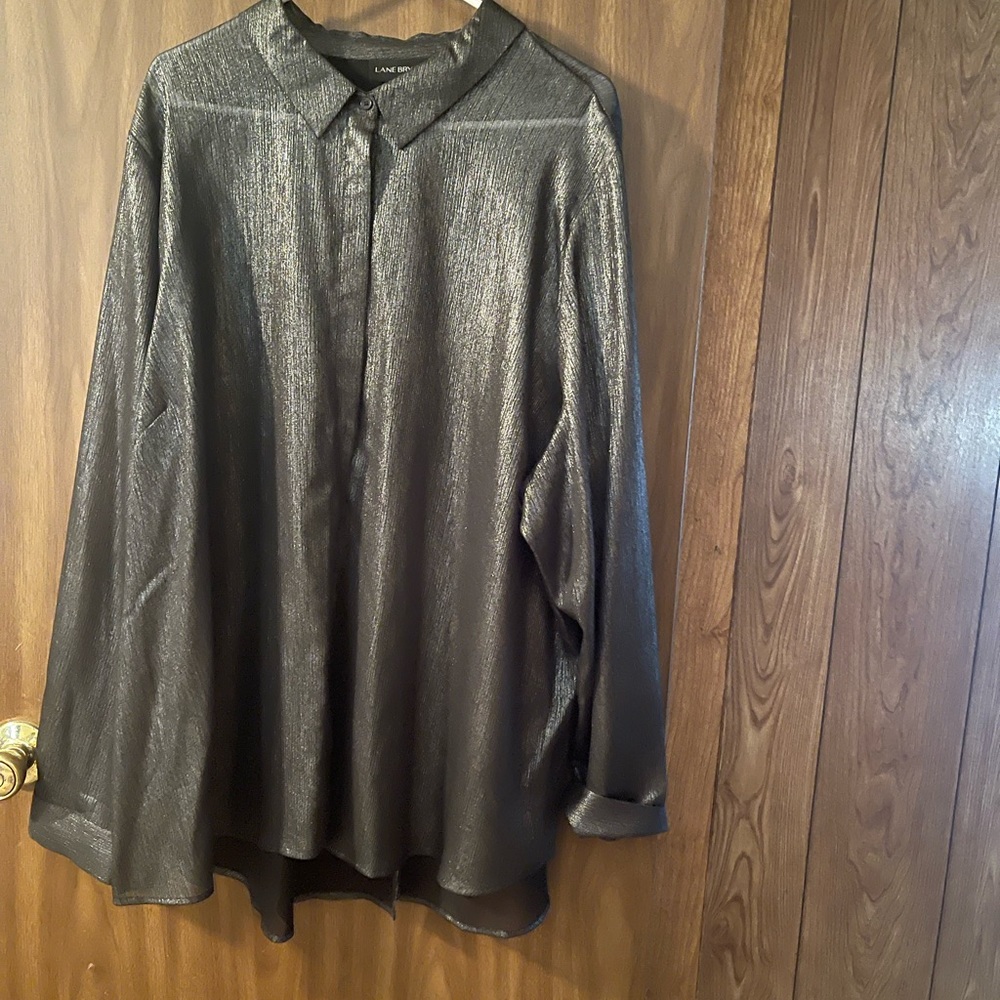 Lane Bryant Long Sleeve Collared Blouse Black Metallic Semi Sheer Size 26/28